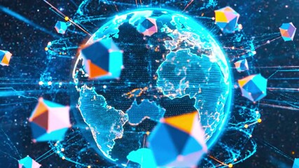 A digital earth globe with connections and geometric shapes in a starry space background view - Powered by Adobe