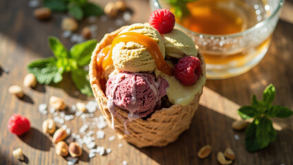 Delicious ice cream cone with fresh raspberries, caramel, and nuts on a wooden table