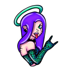 Rebellious Purple Haired Woman Portrait with Green Leaves Motif