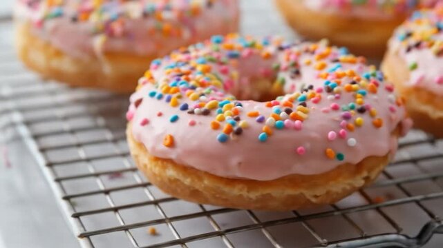 Colorful Glazed Donuts with Rainbow Sprinkles Falling on a Cooling Shelf. 4k video