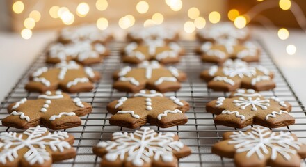 Close up of gingerbread cookies decorated with white icing on wire rack
