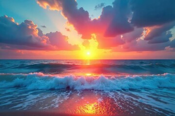 A vibrant sunrise paints the sky as waves gently lap the shore, embodying effortless energy and carefree bliss Perfect for travel, vacation, and relaxation themes , scenery, sun, natural