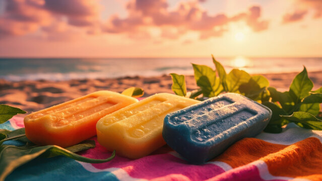 Colorful popsicles on a beach towel with ocean and sunset in the background - Powered by Adobe
