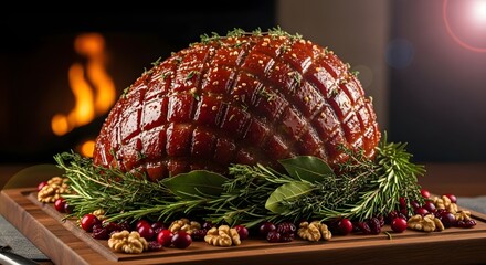 Glazed ham with cranberries walnuts and rosemary on wooden board near fire