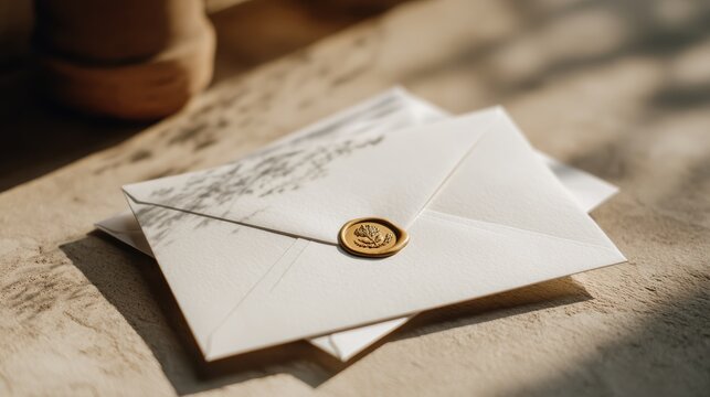 Cream envelopes with gold wax seal on beige table