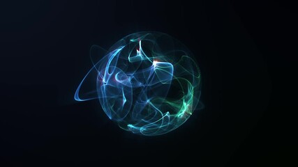 Animated glowing energy sphere with green and blue fluid light trails on dark background. Futuristic digital motion graphics for sci-fi, abstract or technology-themed visuals. - Powered by Adobe