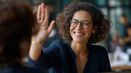 Corporate professional offering high five to colleague in meeting faceless businesswoman and partner defocused conference room background team celebration gesture collaborative