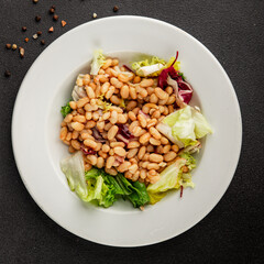 Bean salad tasty snack fresh delicious gourmet food table setting rustic food top view copy space keto and paleo diet vegetarian and vegan food