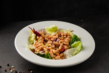 Bean salad tasty snack fresh delicious gourmet food table setting rustic food top view copy space keto and paleo diet vegetarian and vegan food
