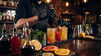 Close-up of mixologist bartender preparing refreshing summer drinks with citrus and mint in a luxury nightlife setting.