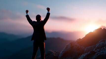 Silhouette of accomplished professional with elevated hands on mountain summit faceless businessman hiking defocused peak background celebrating triumph concept winner leader