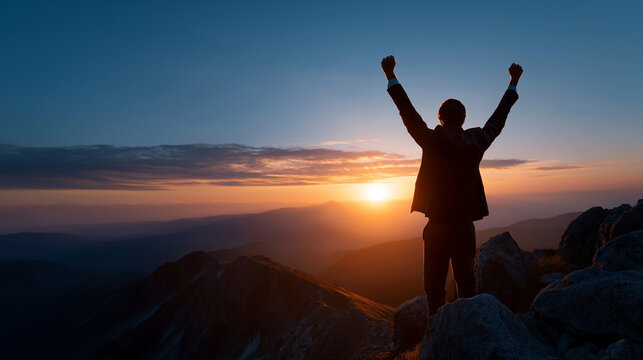 Silhouette of accomplished professional with elevated hands on mountain summit faceless businessman hiking defocused peak background celebrating triumph concept winner leader - Powered by Adobe