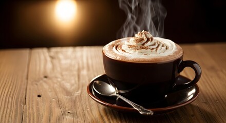Steaming hot chocolate with whipped cream on a wooden table surface