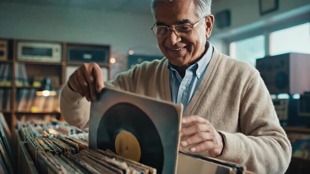Senior man browsing vinyl records in shop. Selecting and examining album with joy. Nostalgic music discovery and collection experience.
