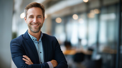 Attractive confident corporate professional portrait faceless handsome businessman defocused office background executive presence display professional demeanor visualization