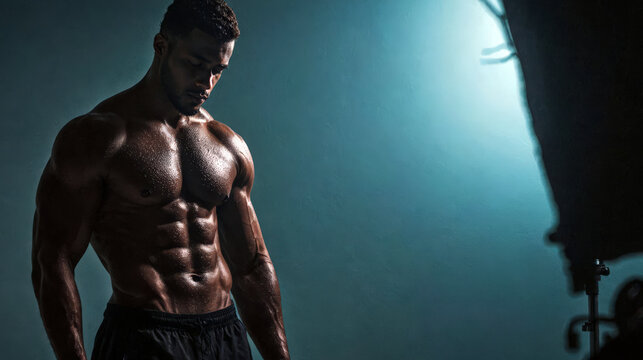 Fit man shows off muscular physique under studio lighting. Use: fitness app, gym marketing material.