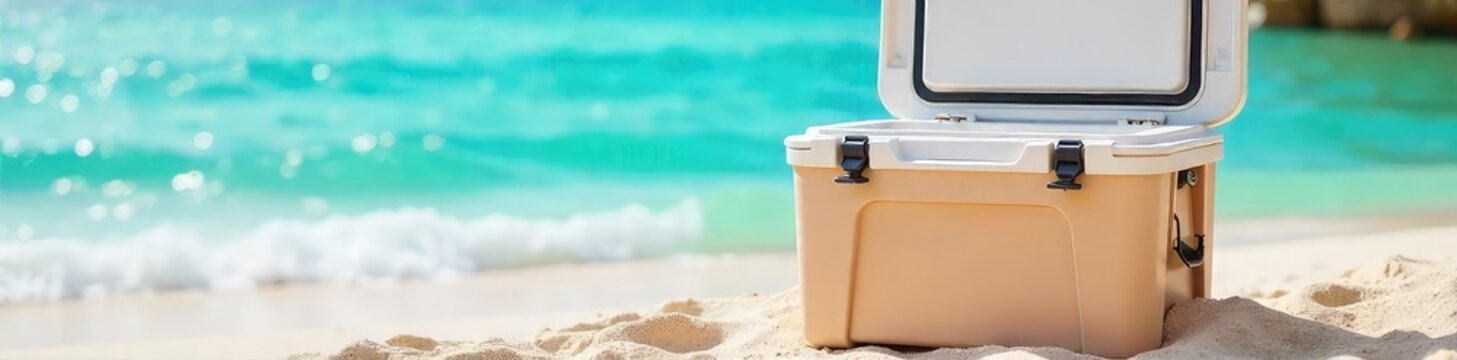 A sleek, modern cooler sitting on a sandy beach near turquoise ocean water, ready for a refreshing adventure The lid is open, revealing a glimpse of its spacious interior , picnic, relaxation