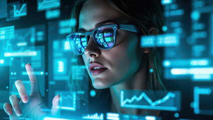 Woman interacting with futuristic digital interface, data analysis concept