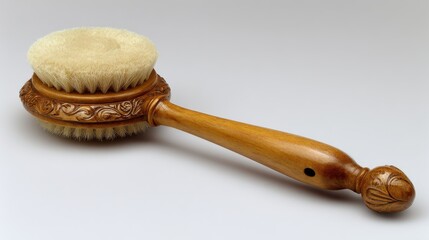 Ornate wooden bath brush features natural bristles for dry skin exfoliation