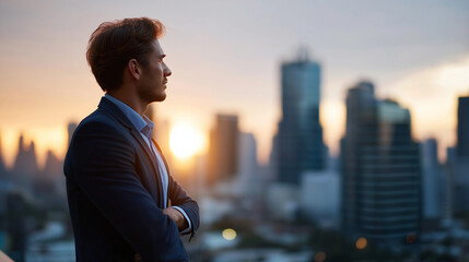 Prosperous professional standing in metropolitan area at sunset faceless wealthy businessman defocused modern skyscrapers background thinking successful vision investment