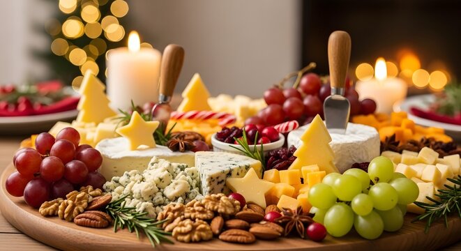 Festive cheese board with grapes nuts and holiday decorations around - Powered by Adobe