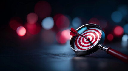 Naklejka premium Magnifier lens focused on target objective with creative illumination concept defocused strategic background planning development leadership visualization customer target group