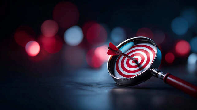 Magnifier lens focused on target objective with creative illumination concept defocused strategic background planning development leadership visualization customer target group