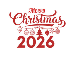 Merry christmas 2026 festive design with ornaments and a christmas tree in red perfect for holiday greetings and seasonal celebrations on transparent background