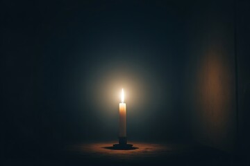 Single lit candle in darkness with warm glow and soft light