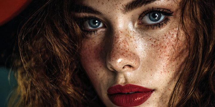 Close-up of a young woman with striking blue eyes, red lips, and curly hair under dramatic lighting. Use: fashion editorial spread, beauty product. - Powered by Adobe