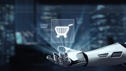 A futuristic robotic hand engages with digital shopping icons, symbolizing the advanced technology in e-commerce and the evolution of consumer experiences in online retail. Auvana - Powered by Adobe