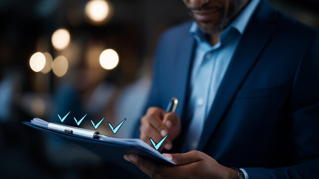 Corporate professional reviewing accomplished project completion with digital verification marks faceless businessman defocused workspace background task achievement display