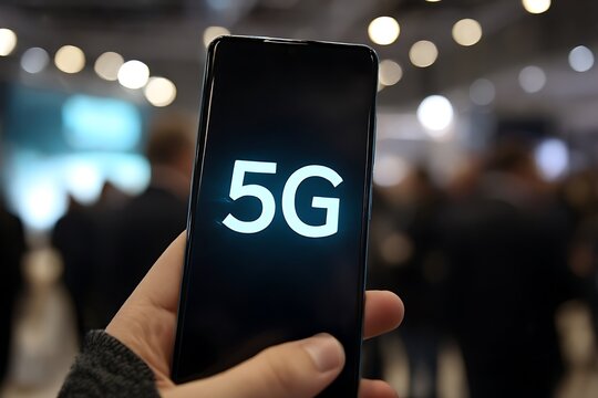 Hand holding a smartphone displaying the 5g symbol on screen