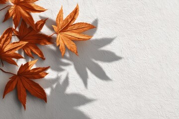Artistic impressions are created by autumn leaves on a textured wall at the golden hour in a serene ambiance