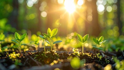 Sunlit sprouts emerge in forest environment, illuminated by golden beams and soft focus