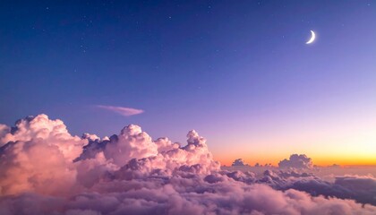 Celestial realm depiction: ethereal clouds, night sky, crescent moon, and twilight ambiance