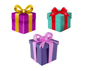 Three colorful gift boxes with bows perfect for christmas birthdays or any special occasion creating a festive and joyful mood on transparent background