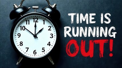 Classic black alarm clock shows time approaching deadline, with bold text conveying urgency and pressure, creating a sense of immediacy and importance in the visual narrative