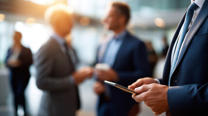 Collective of accomplished professionals in discussion faceless businessmen group defocused meeting background important conversation scene executive dialogue moment corporate