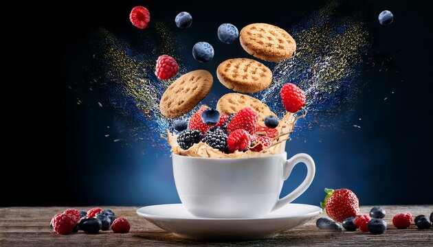 explosion of cookies and berries splashing out of a coffee cup