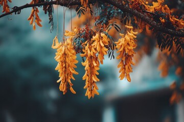 In a serene and peaceful setting, branches are gently covered with vibrant yellow leaves of autumn