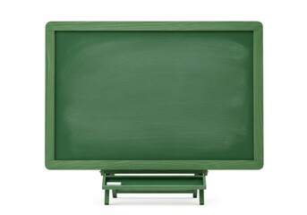 Obraz premium Empty green wooden chalkboard with folding stand isolated on white background, chalk tray visible, subtle wood grain texture