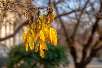 Delicate branches in a serene outdoor setting are adorned with vibrant yellow autumn leaves