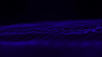 Blue abstract wave of glowing dots on dark background. Futuristic digital landscape with depth of field. Technology particle terrain for sci-fi, background design, motion or data projects - Powered by Adobe