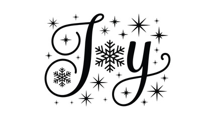 Elegant black and white silhouette of the word joy with snowflakes and sparkling stars perfect for winter holiday designs and festive celebrations silhouette