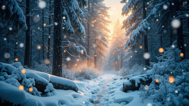 Snowy forest path with falling snowflakes and golden sunlight