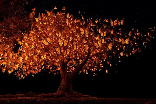 Illuminated autumn tree with glowing orange and red leaves at night - Powered by Adobe