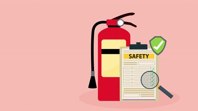 Fire fighting checklist. Extinguisher and paper tablet with checkmarks. Document at clipboard. Firefighting safety. Flame prevention checklist page. Extinguishing guidance
