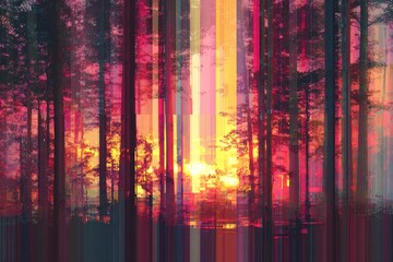 In a tranquil landscape of colorful foliage, vibrant autumn trees are illuminated by the soft, warm light of a serene sunset