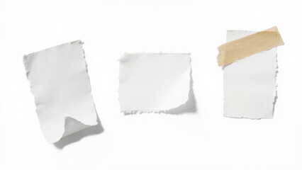 Fototapeta premium Torn paper pieces on white background with tape, perfect for design elements